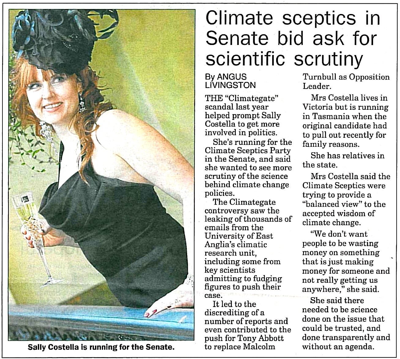 Article about Sally Costella's run for Senator from Tasmania in the
      Examiner, Launceston, Tasmania, Australia